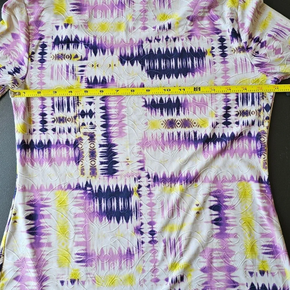JM Collection Womens Petite Small Purple Yellow Abstract Ikat 3/4 Sleeve Top EUC